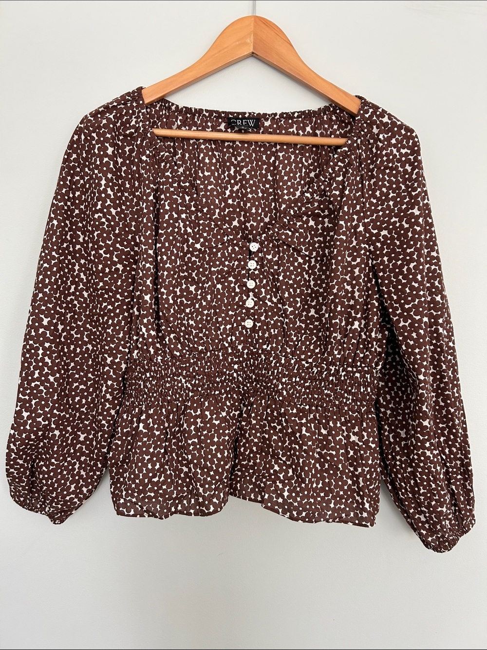 J. Crew Brown and White Printed Smocked Waist Blouse